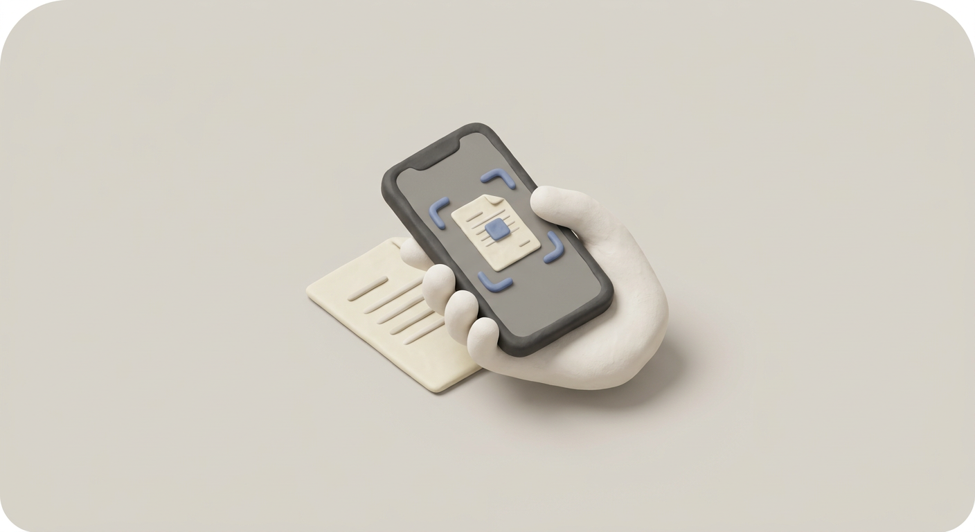 A soft clay-style illustration of a hand holding a phone photographing a paper document
