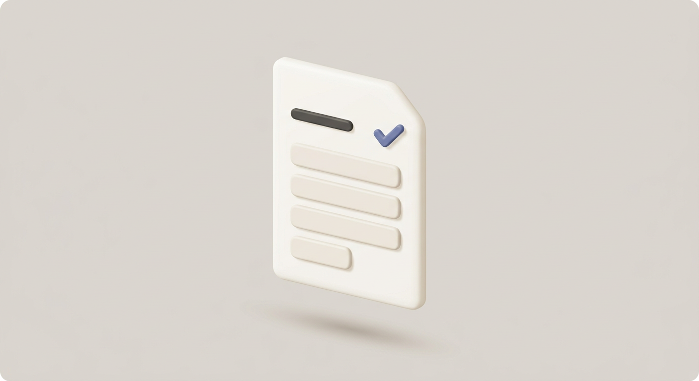 A soft clay-style illustration of a document with input-field bars and a checkmark badge