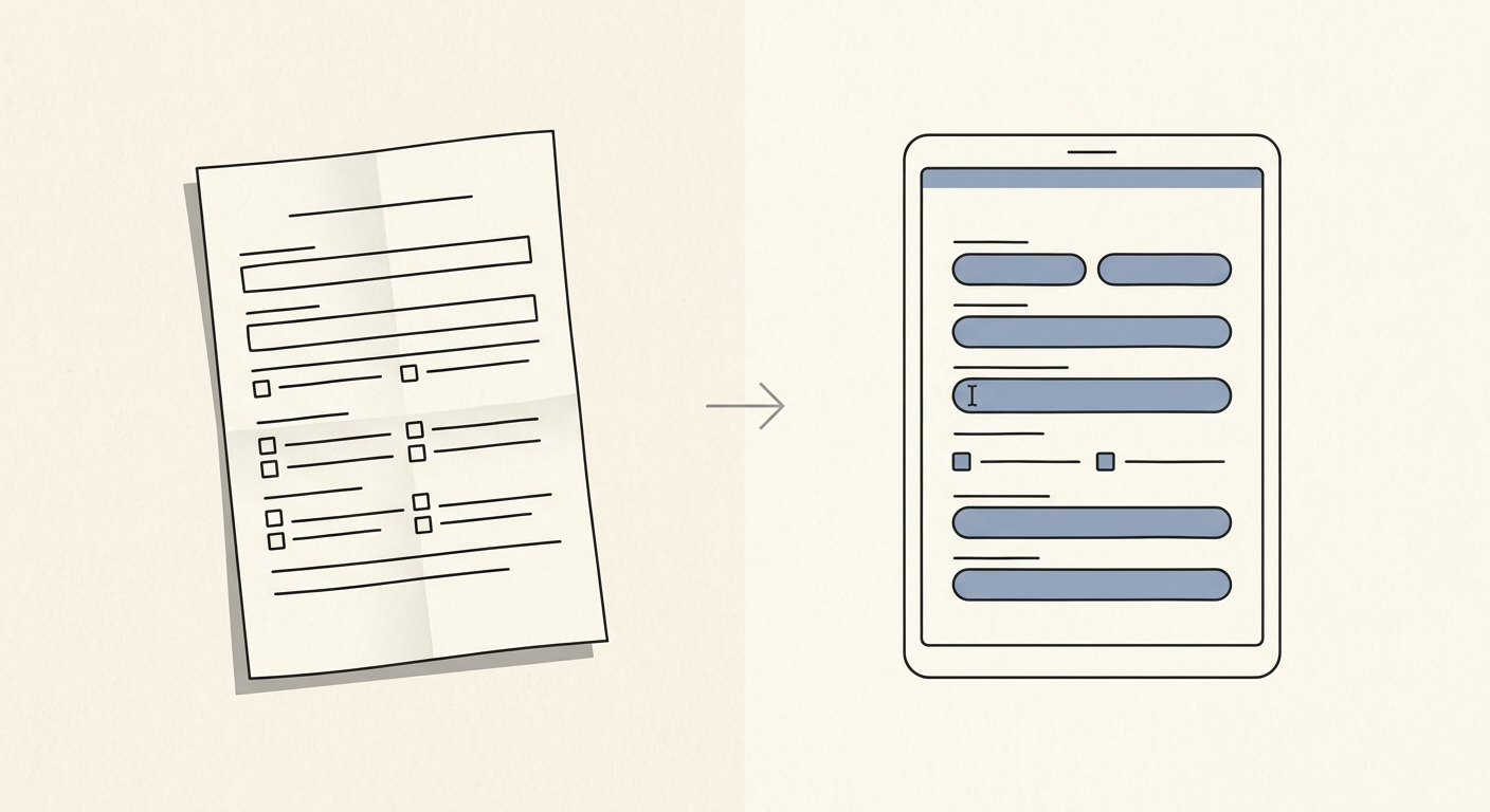 A creased paper rental application on the left, becoming a fillable version with highlighted input fields and a text cursor, on the right