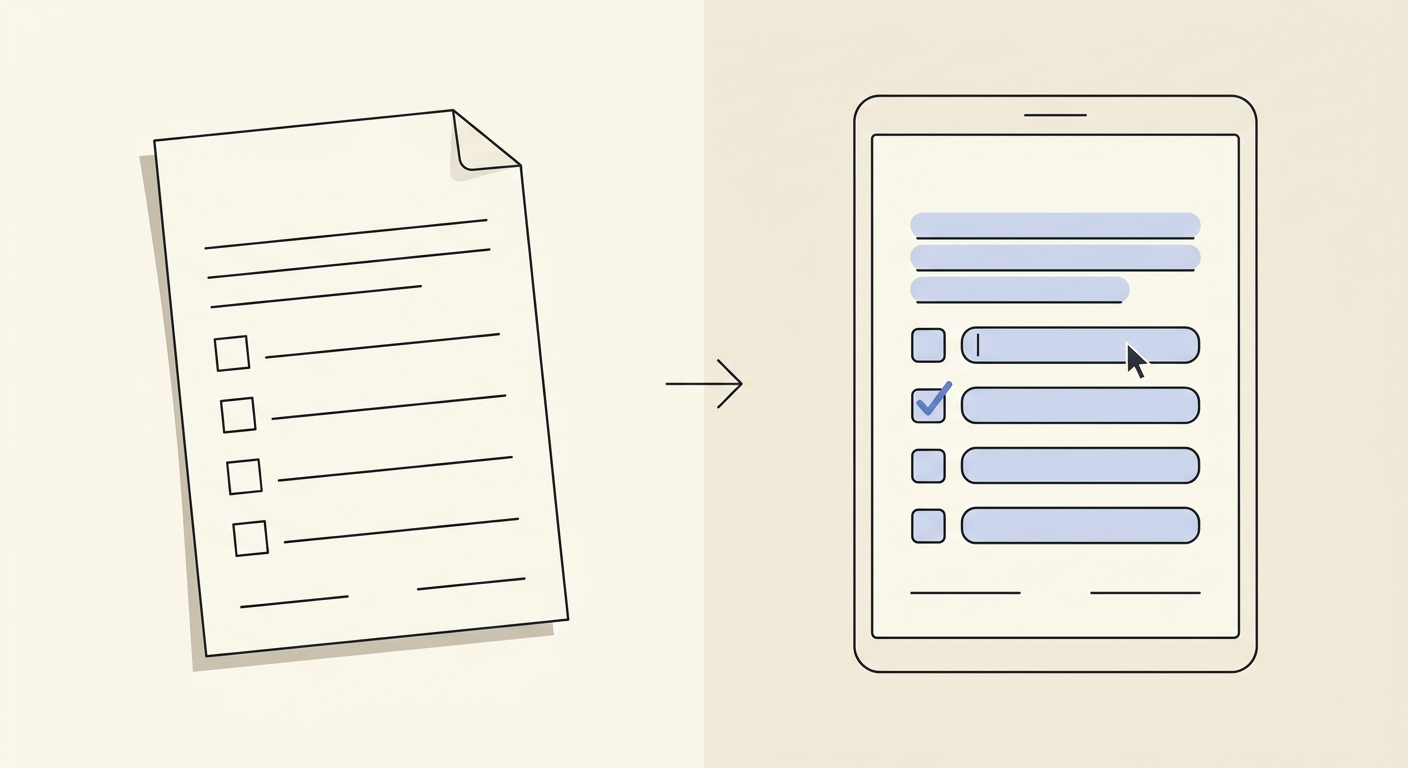 A paper school form with checkboxes on the left, becoming a fillable version with a checked box and a cursor typing, on the right